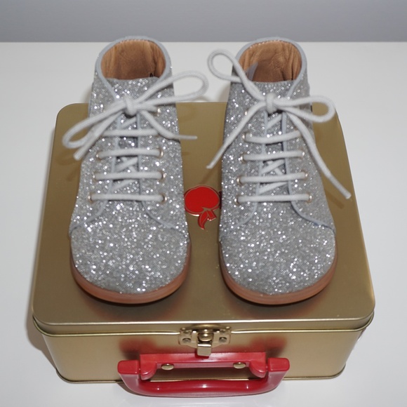 Pom D'Api Baby Girls Lace-Up Ankle Boots Glittery Silver EU 19 - Picture 2 of 9